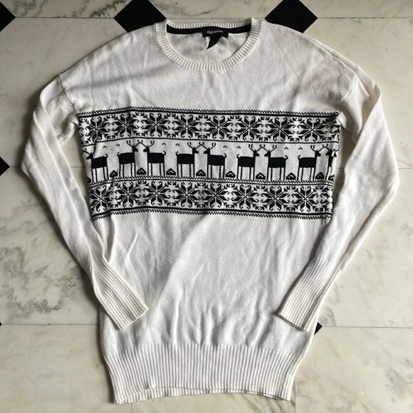 Repartee Sweaters - Repartee White & Black Reindeer & Snowflake Sweater